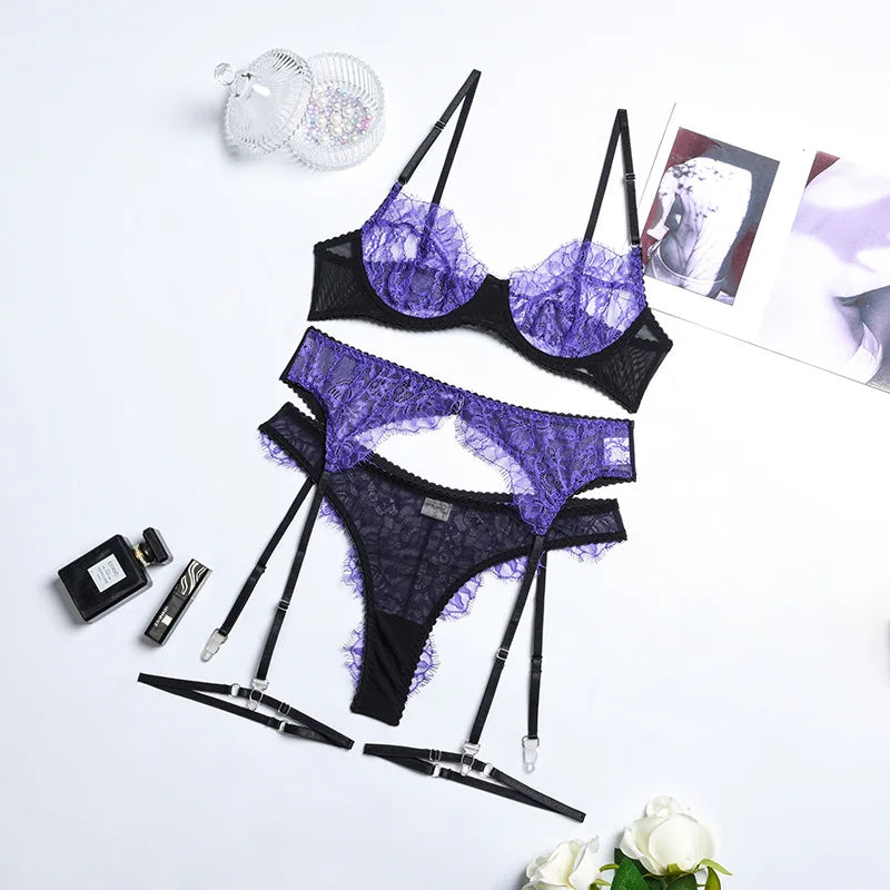 3-Piece Lace Patchwork Lingerie Set with Garters