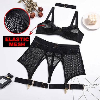 4-Piece Lace Lingerie Set with Garters