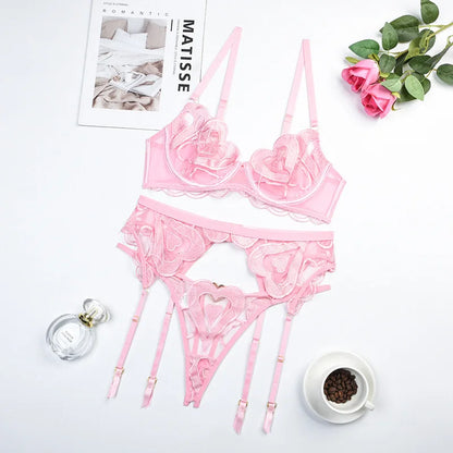 Luxury Lace Embroidery 3-Piece Lingerie Set