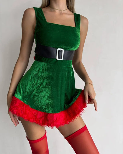 Christmas Green Square Collar Mini Dress