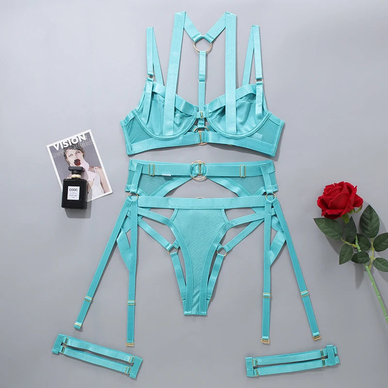 4-Piece Halter Bra Lingerie Set with Garters