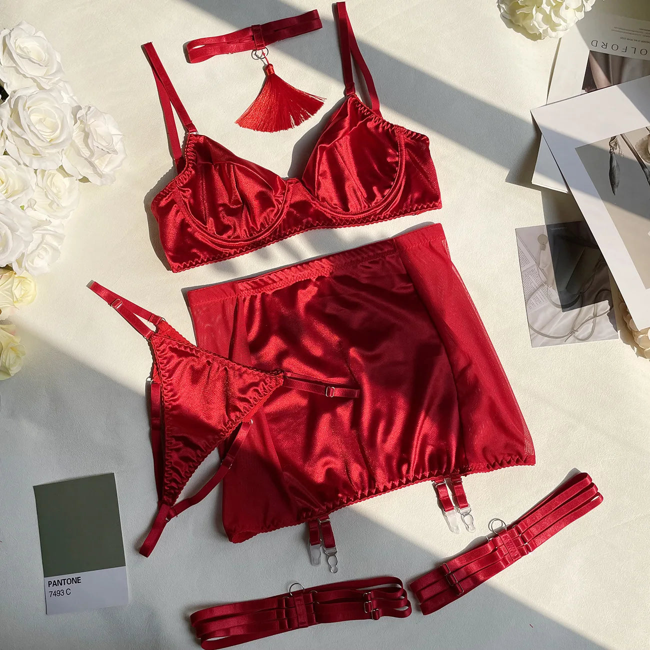 5-Piece Satin Lace Lingerie Set