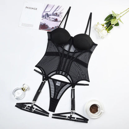 4-Piece Black Lace Corset Set