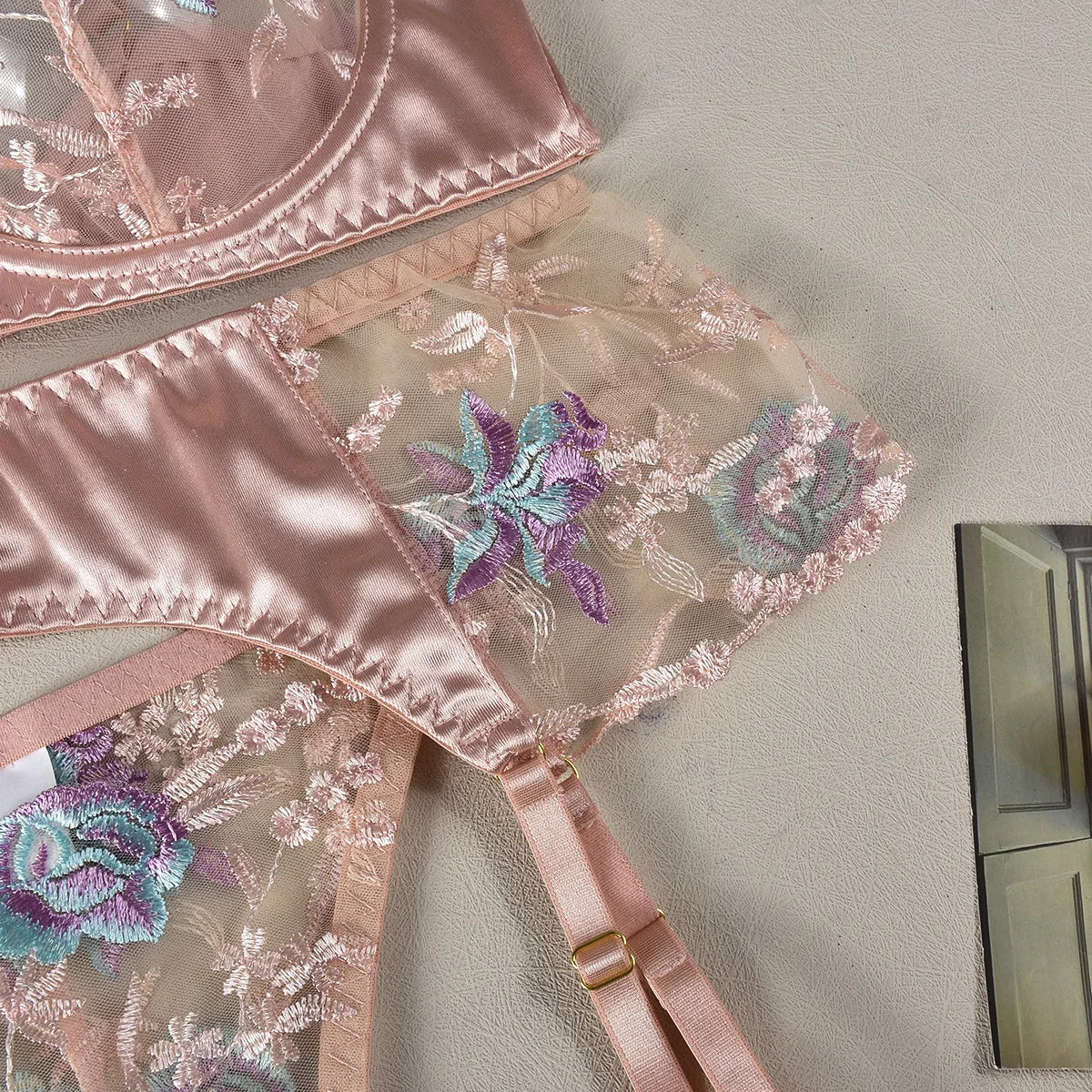 Floral Sheen Silk Lingerie Set with Garters