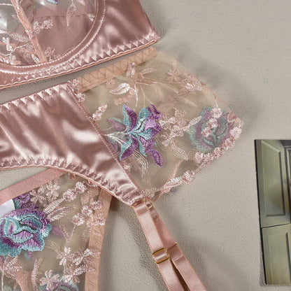 Floral Sheen Silk Lingerie Set with Garters