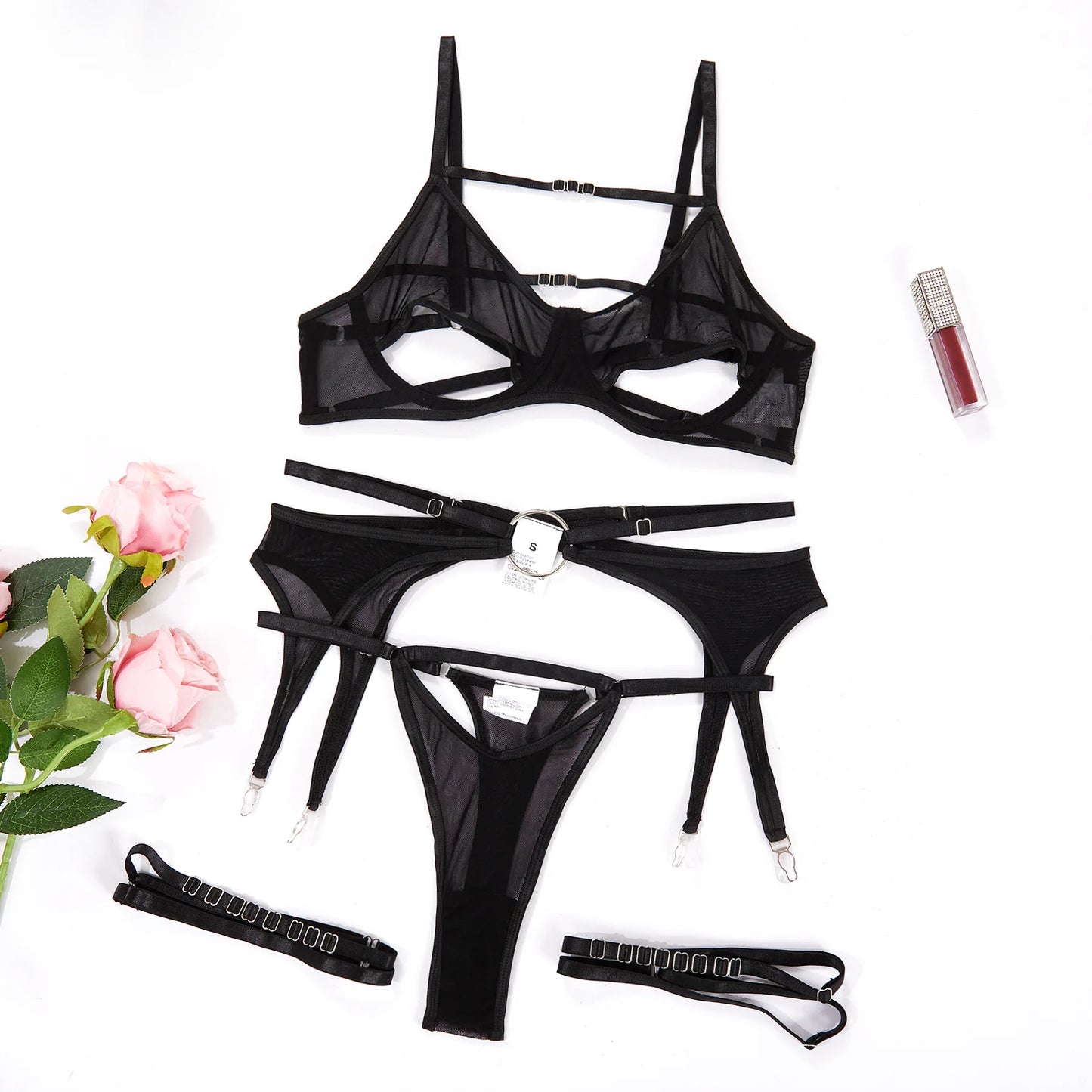 3-Piece Open Bra Lingerie Set with Garters