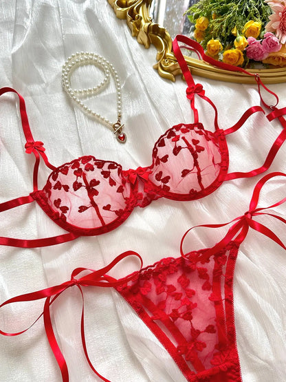 Heart Embroidery Lace Lingerie Set