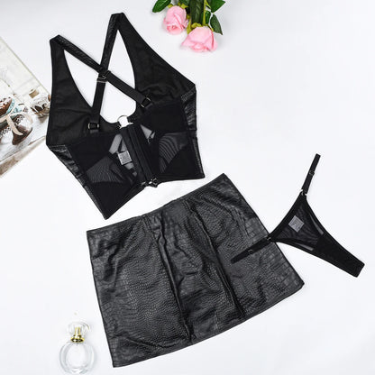 2-Piece Leather Mini Skirt Set with Lace-Up Bra