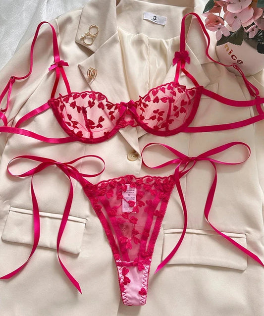 Heart Embroidery Lace Lingerie Set