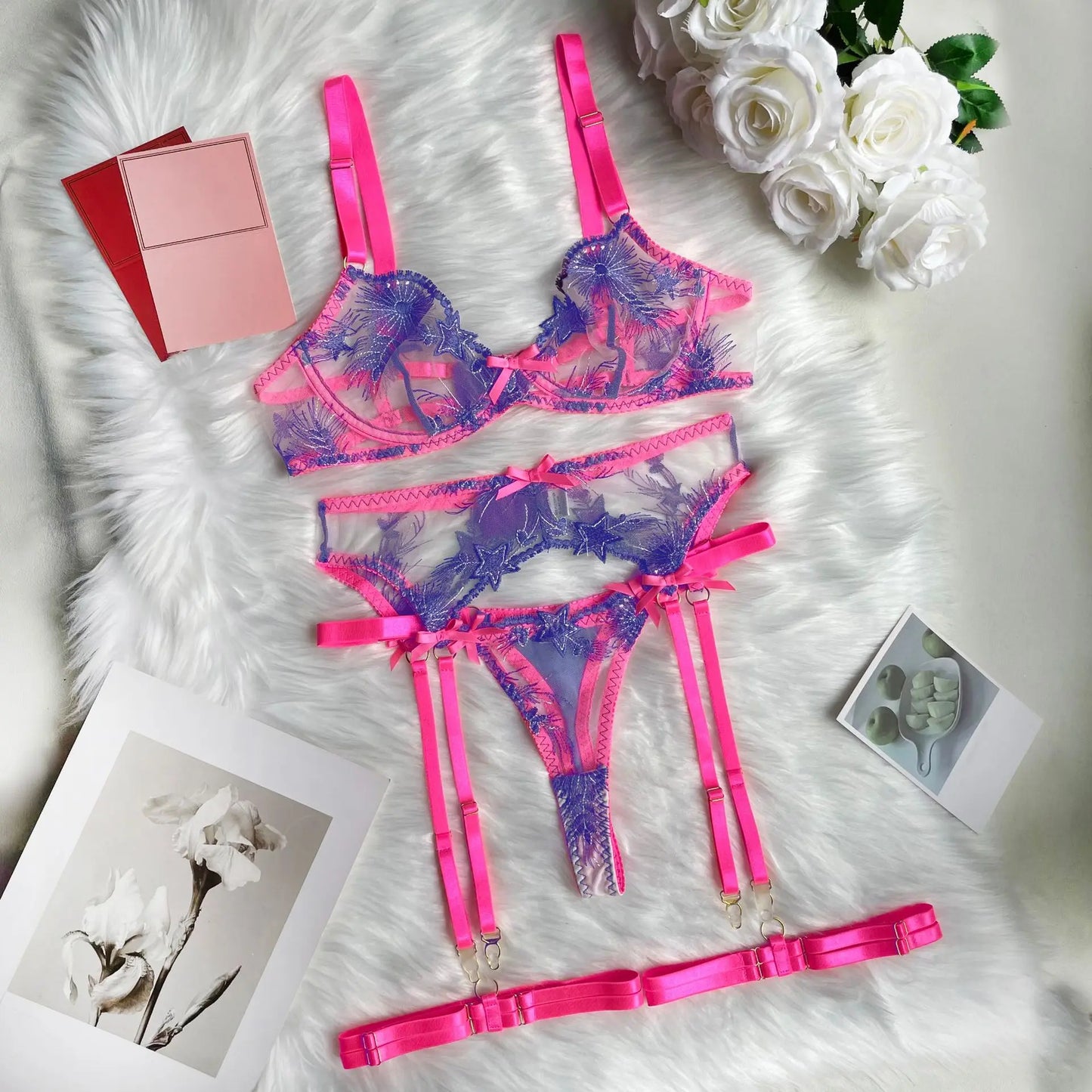 Pink Floral Lace Lingerie Set with Garter Belt