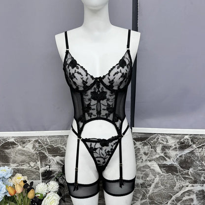 Floral Lace Crotchless Lingerie Set