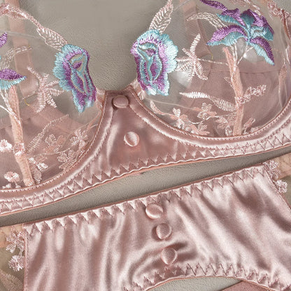 Floral Sheen Silk Lingerie Set with Garters